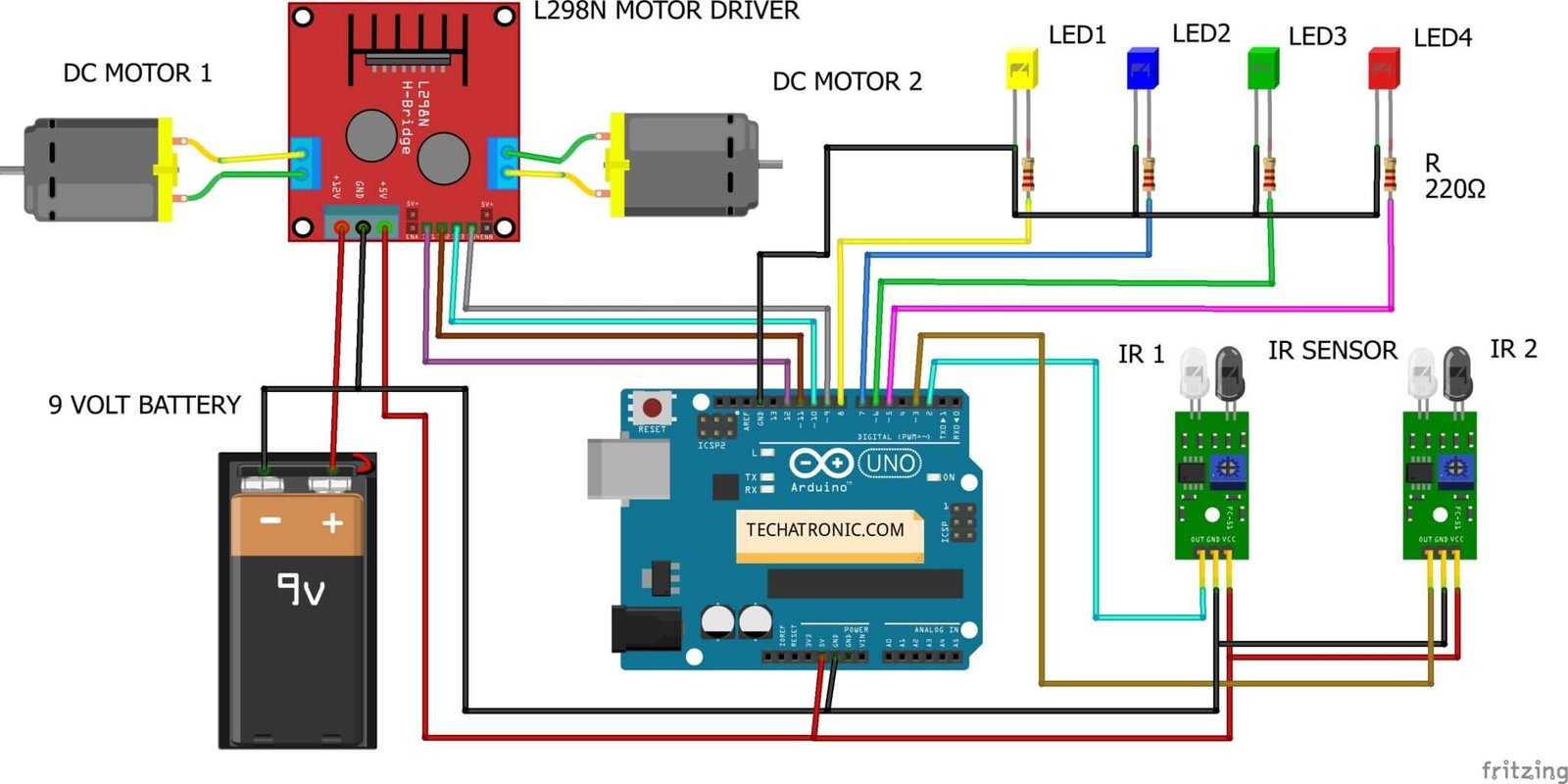 line follower robot fritzing circuit using l298n
