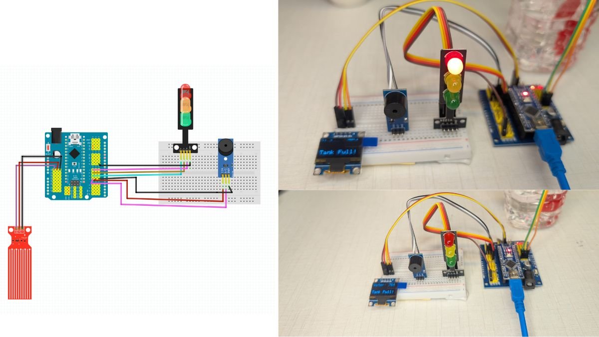 Water Level alarm project with Buzzer, LEDs & OLED Display